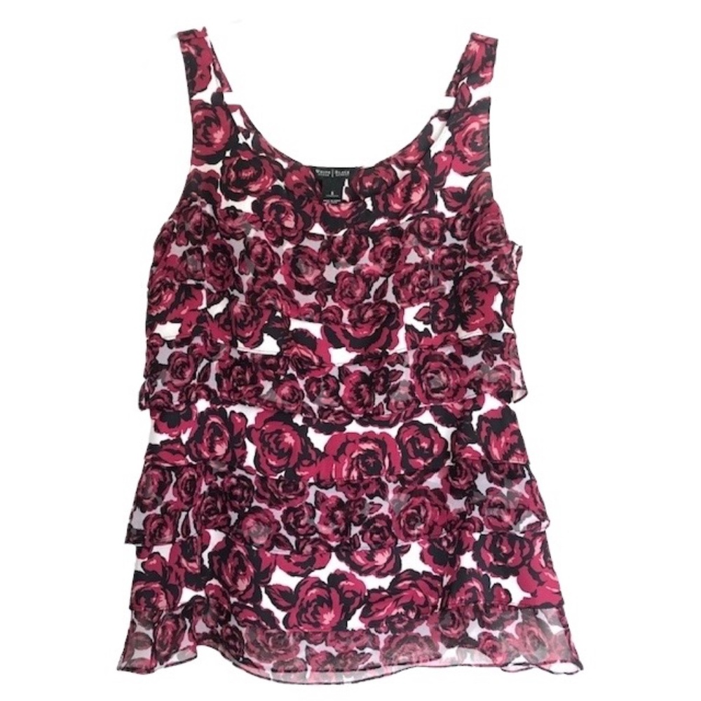 White House Black Market Red White And Black Sleeveless Ruffle Blouse Size S